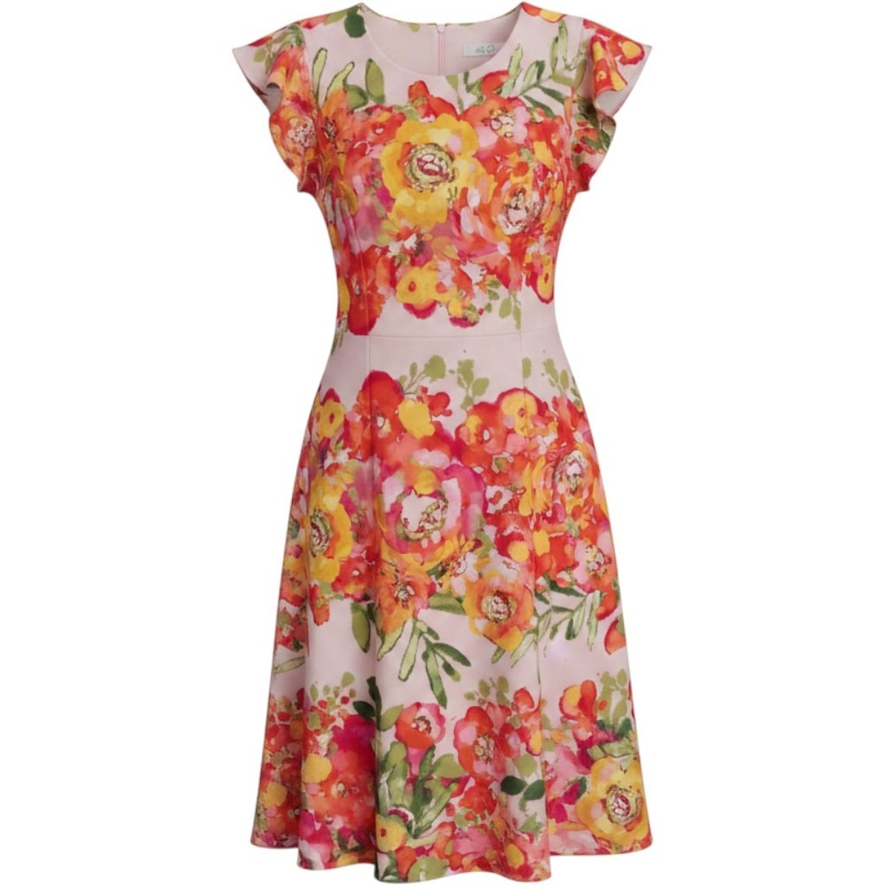 Ali Ro Pink Floral Flutter Sleeve Fit and Flare Dress Size 10 Wedding Guest
